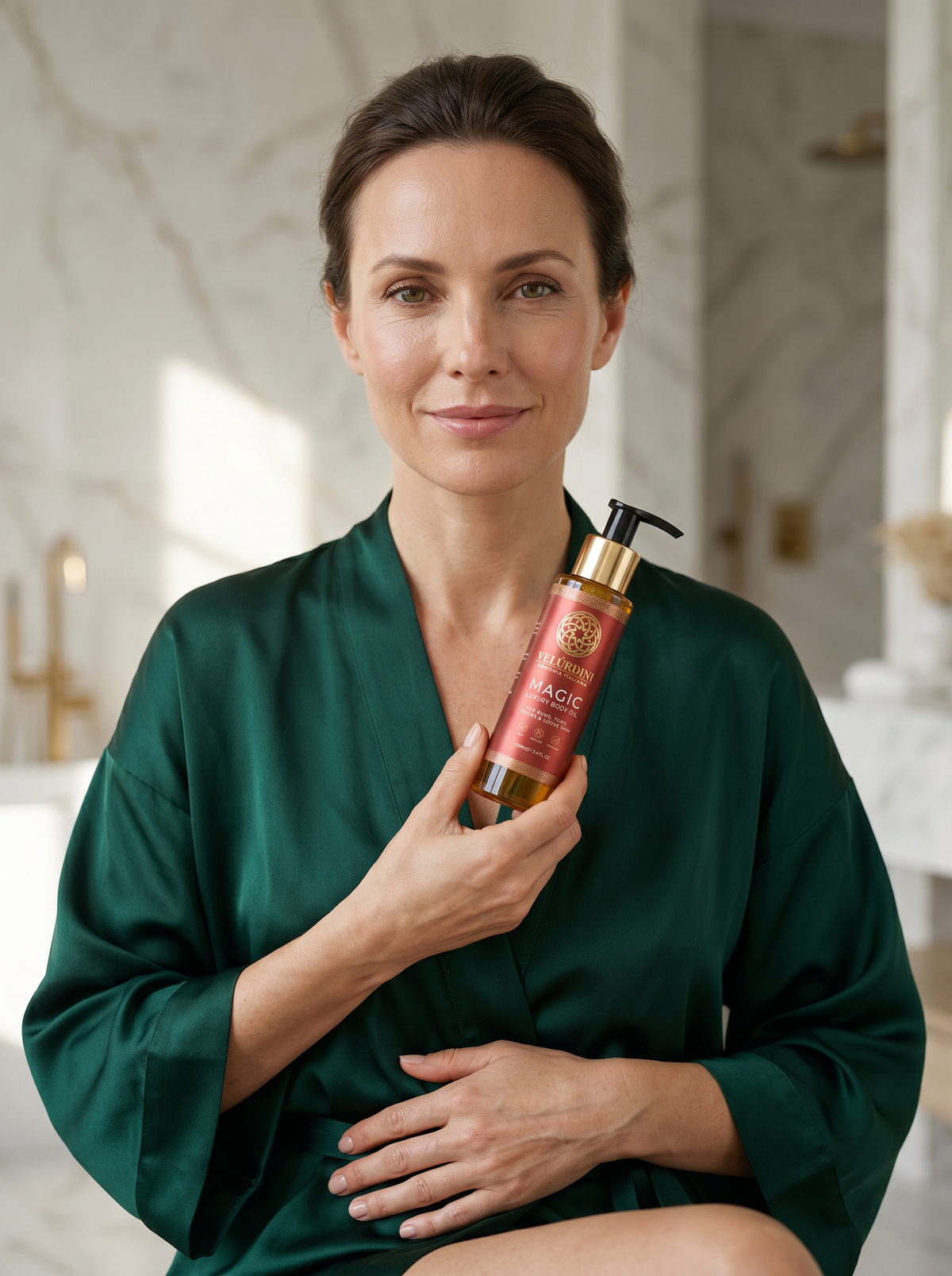 Confident woman with visibly firmer skin after using luxury botanical body contouring oil